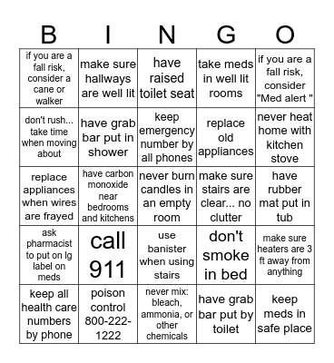 home safety tips Bingo Card