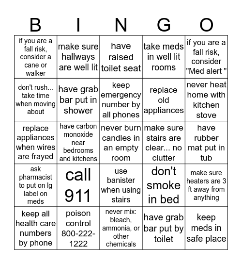 home safety tips Bingo Card