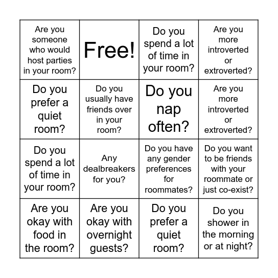 Speed Roomating Bingo Card