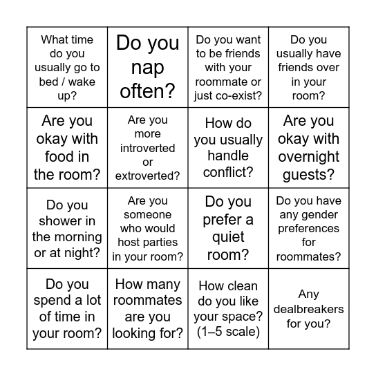Speed Roomating! Bingo Card