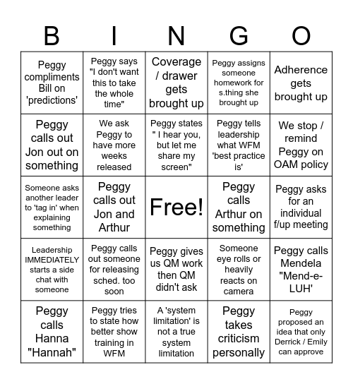 Peggy Meeting Bingo Card