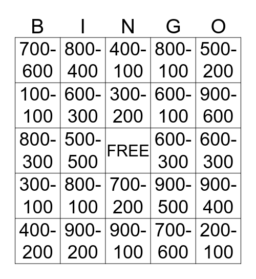 Subtracting By 100's  Bingo Card
