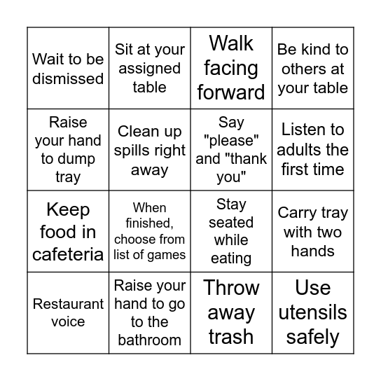 Mustang Way Cafeteria Bingo Card