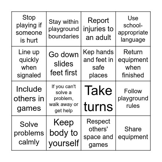 Mustang Way Playground Bingo Card