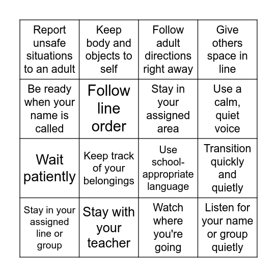 Mustang Way End of Day Bingo Card