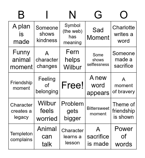 Charlotte's Web Bingo Card