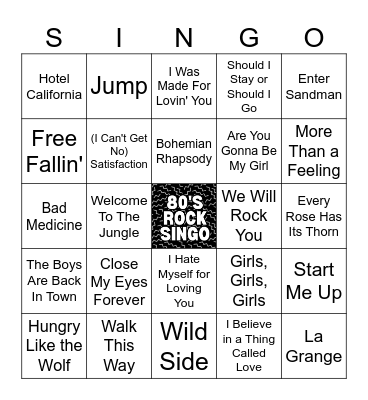 80's Rock Singo - 60 songs Bingo Card