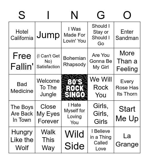80's Rock Singo - 60 songs Bingo Card