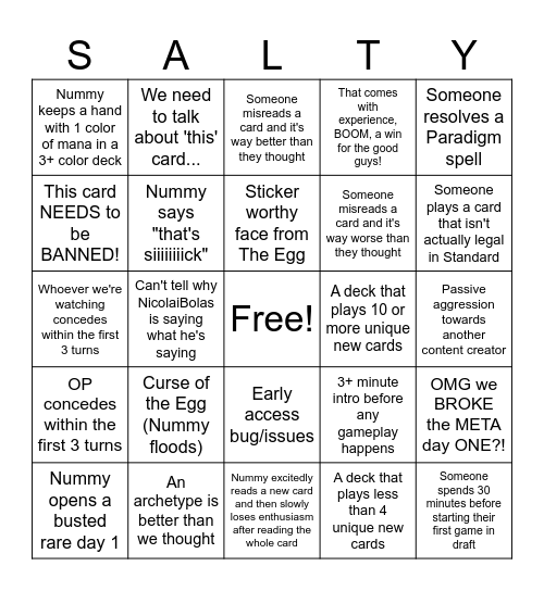 MTG Early Access Shenanigans Bingo Card
