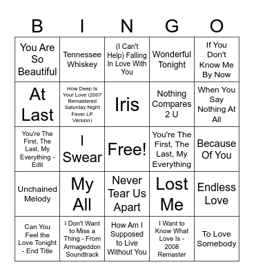 Greatest love songs Bingo Card