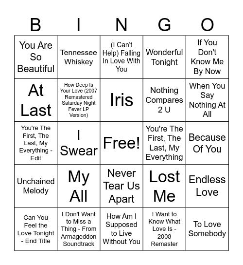 Greatest love songs Bingo Card