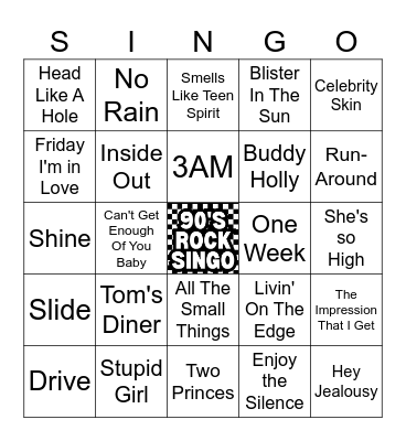 90's Rock Songs Singo - 50 songs Bingo Card