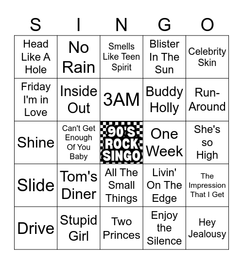 90's Rock Songs Singo - 50 songs Bingo Card