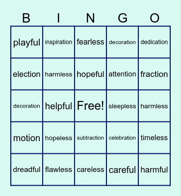 Suffix Bingo Card