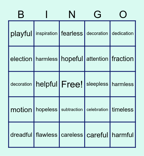 Suffix Bingo Card