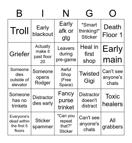 DW Run Bingo Card