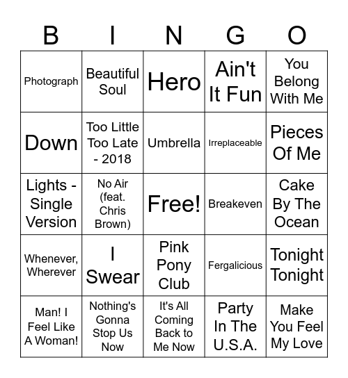 00's alt rock hits Bingo Card