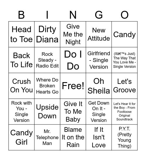 80's R&B Bingo Card