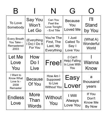 Greatest love songs Bingo Card
