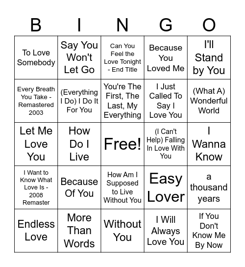 Greatest love songs Bingo Card