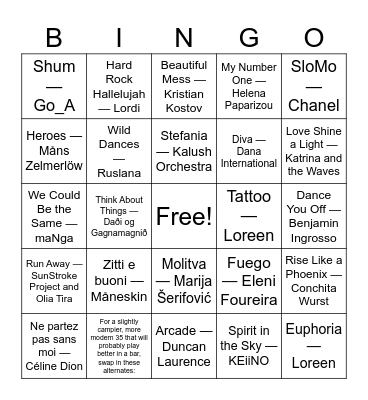 Eurovision Bingo Card