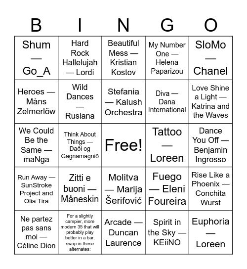 Eurovision Bingo Card