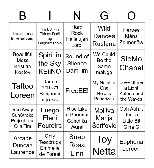 Eurovision Bingo Card