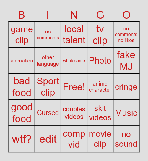 Instagram Reelz Bingo Card