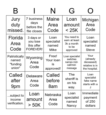 Scam Call Bingo Card