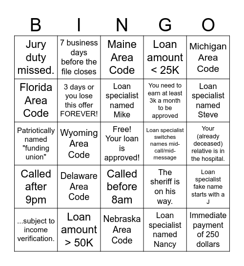 Scam Call Bingo Card