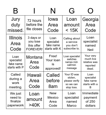 Scam Call Bingo Card
