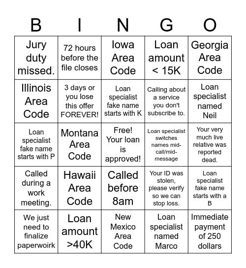 Scam Call Bingo Card
