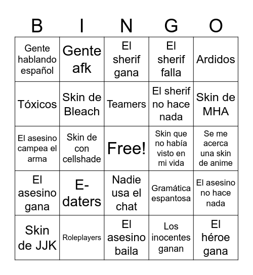 Murder Mystery Bingo Card