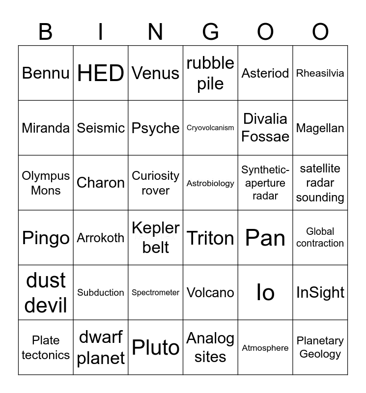 Planetary Geology for GEO 201 Bingo Card