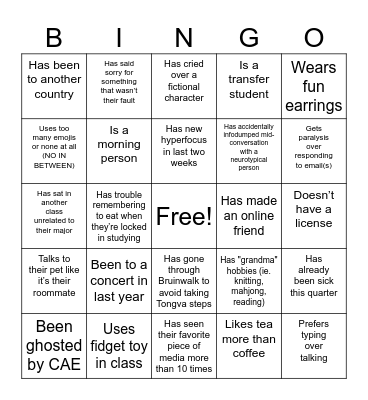 BNC Bingo Card