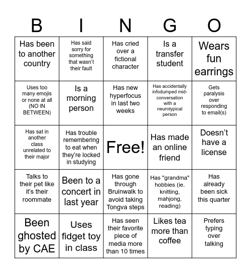 BNC Bingo Card