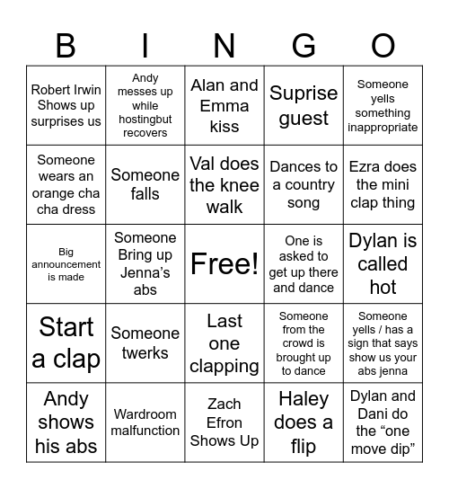 DWTS tour Bingo Card