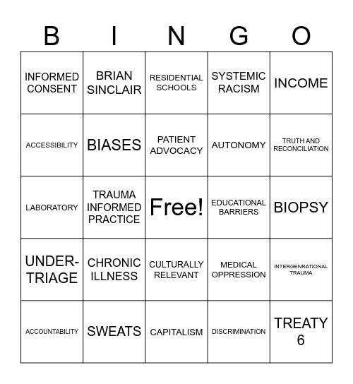Indigenous People and the Medical System Bingo Card