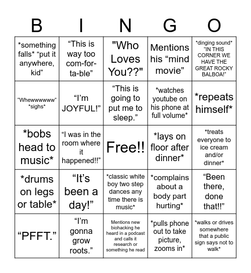 Dad Edition Bingo Card