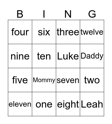 NUMBER WORDS Bingo Card