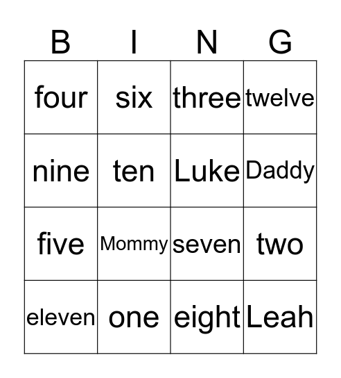 NUMBER WORDS Bingo Card