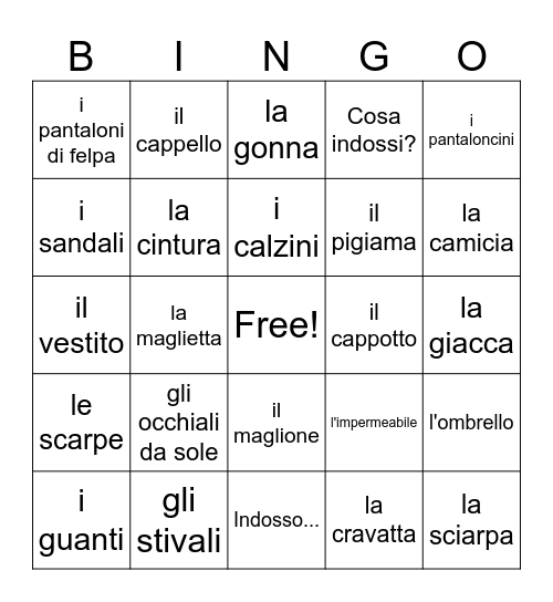 Clothing in Italian Bingo Card