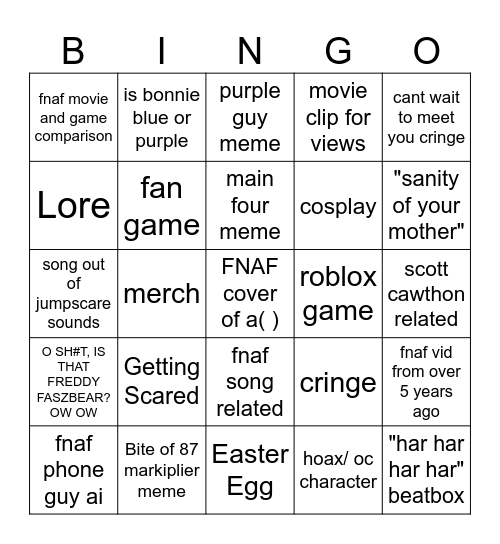 FNAF Bingo Card