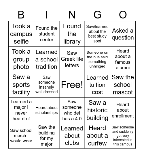 HBCU Tour Bingo Card