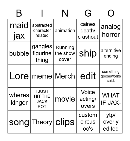 THE AMAZING DIGITAL CIRCUS BINGO Card