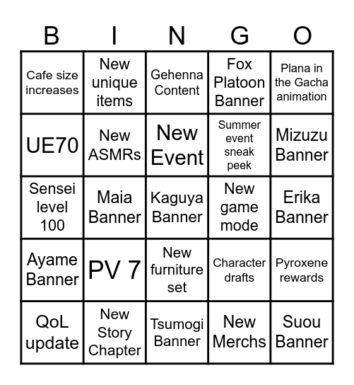 Blue Archive's Livestream Bingo Card