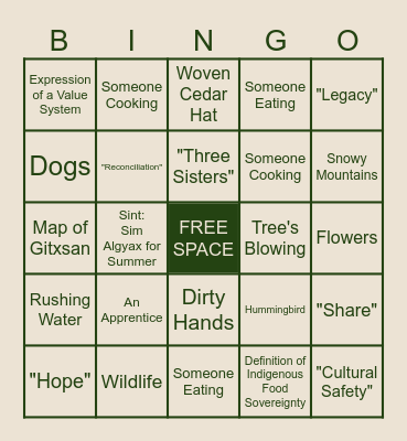 Tea Creek: Indigenous Food Sovereignty Bingo Card