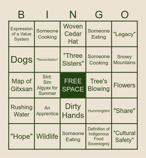 Tea Creek: Indigenous Food Sovereignty Bingo Card