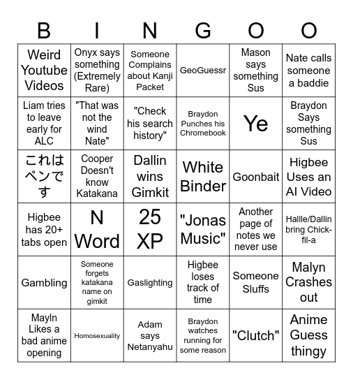 J3 Bingo Card