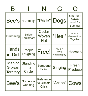 Tea Creek: Indigenous Food Sovereignty Bingo Card